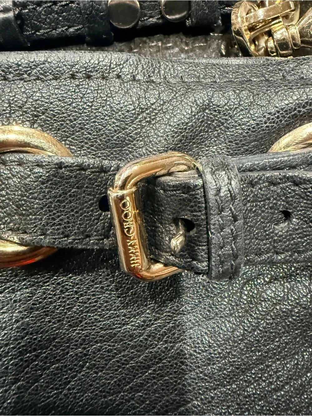 Jimmy Choo Black Leather Grommet Buckle Shoulder Bag Made in Italy